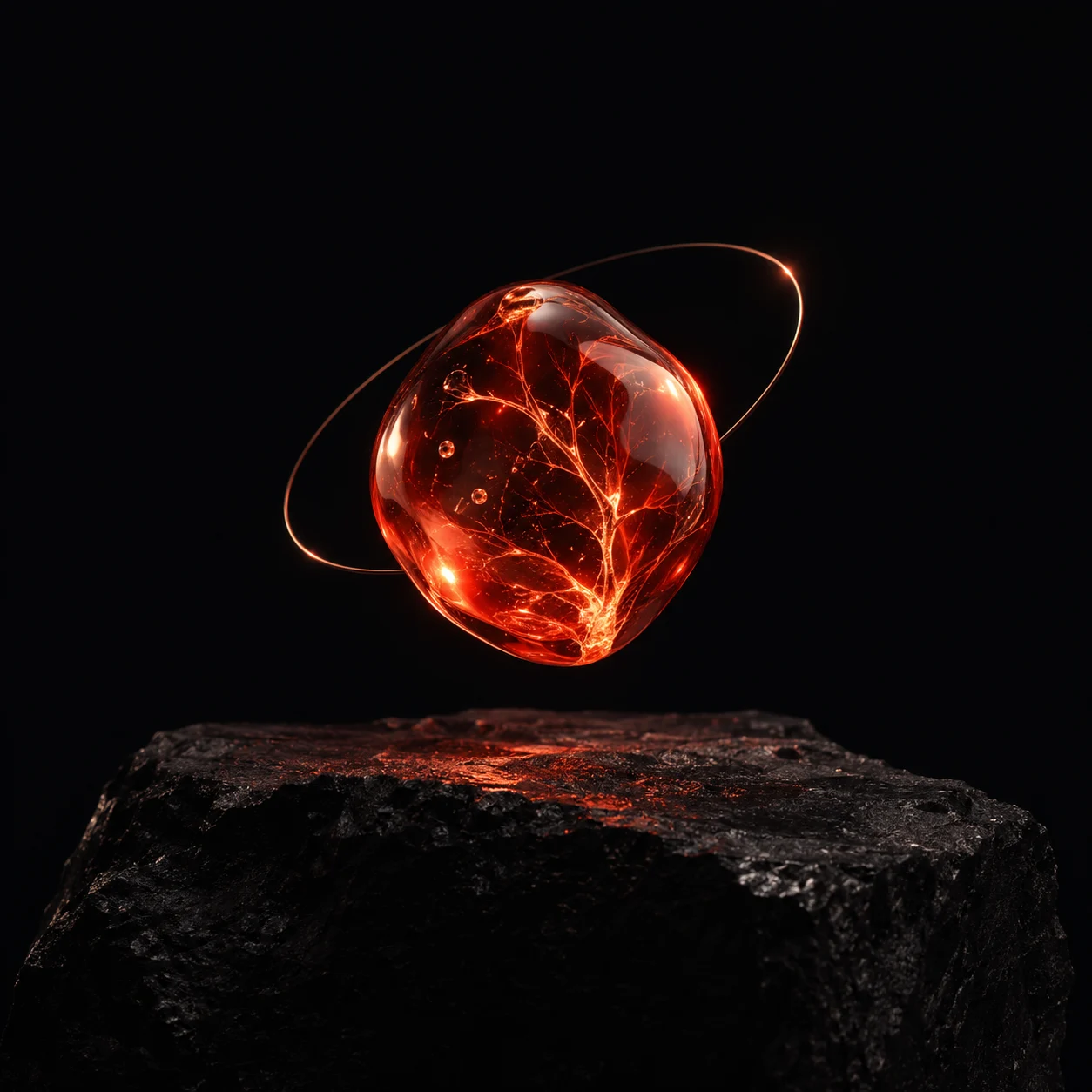 A luminous red glass seed suspended above a dark stone, an abstract study of emerging intelligence.